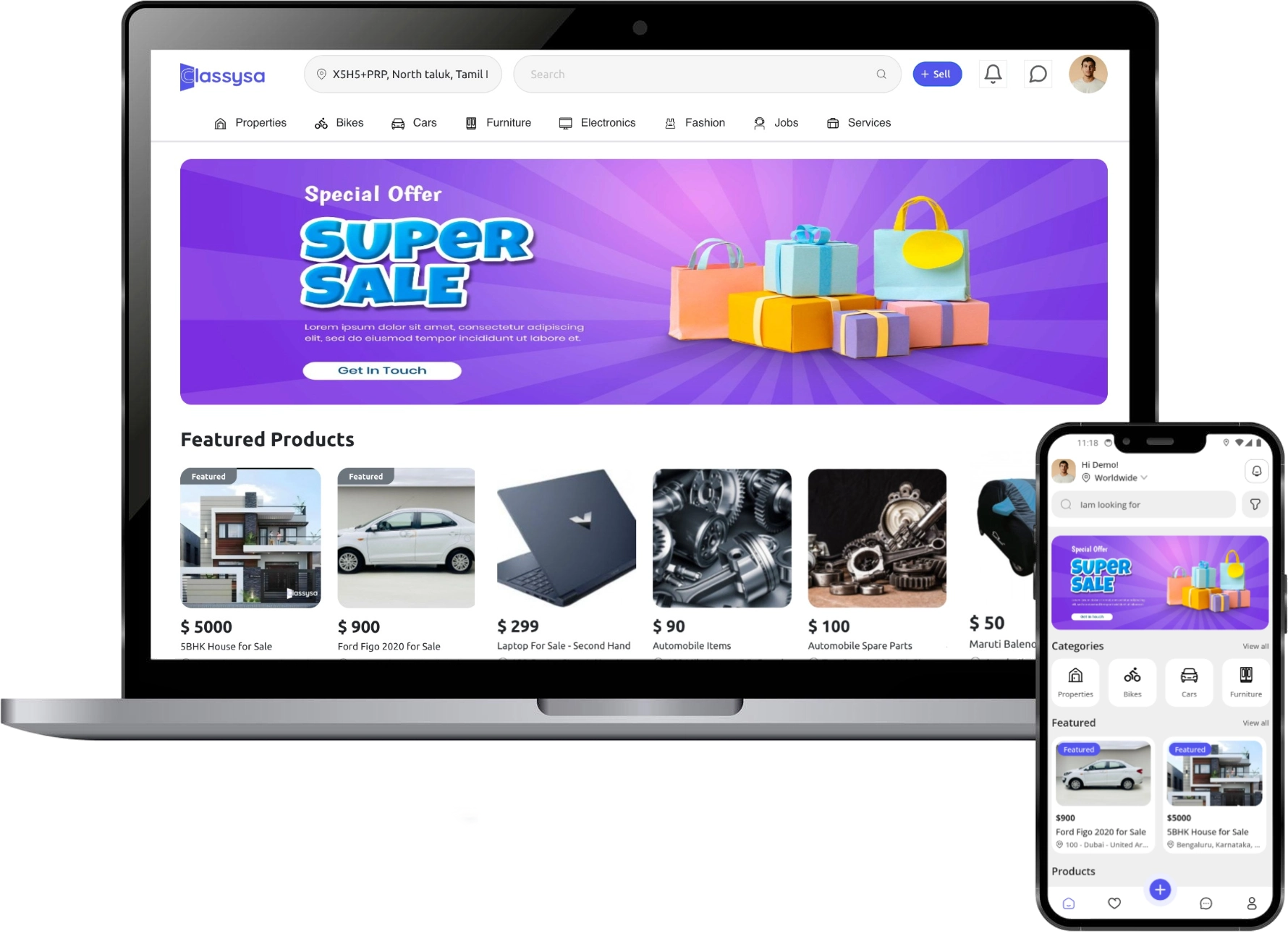 Classysa classified marketplace web and mobile app interface