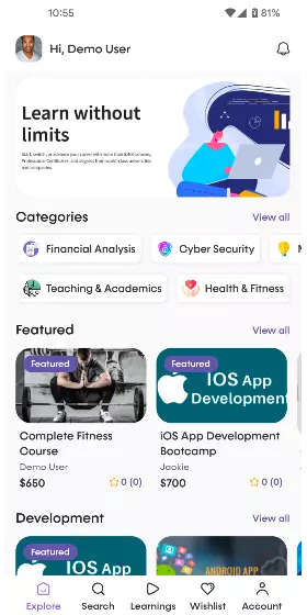 Course catalog and search screen