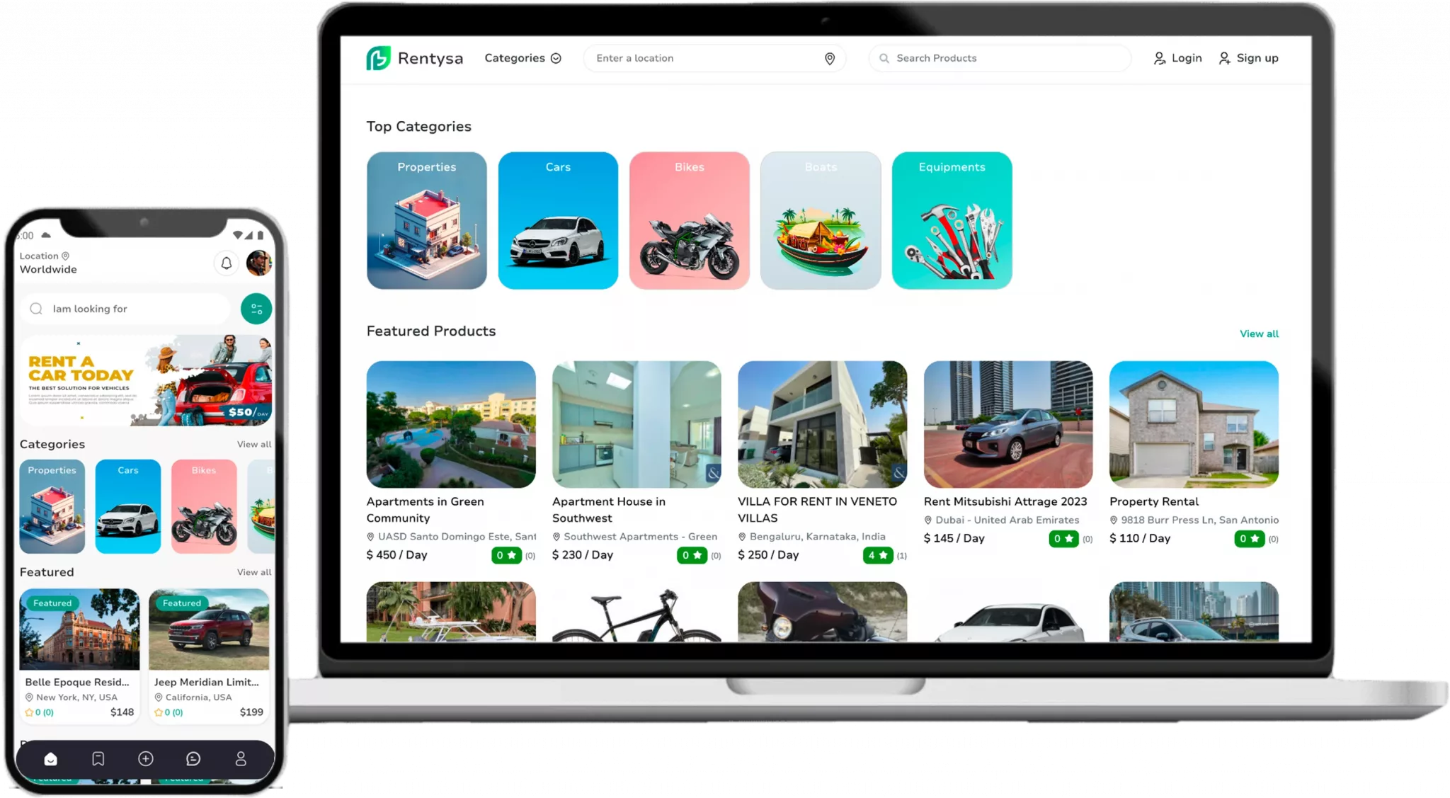 Rentysa rental marketplace booking calendar and mobile screens