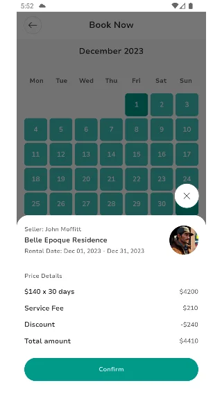 Real-time date picker and price breakdown