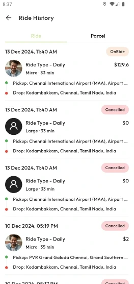 Past trips and receipts