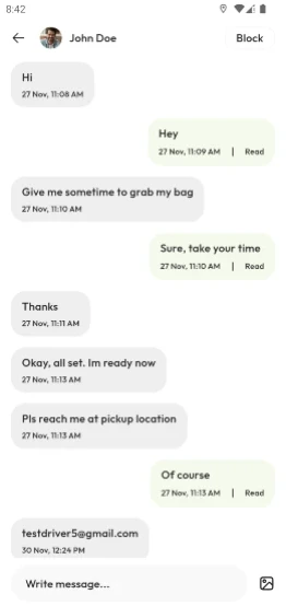 Communicating with driver via in-app chat